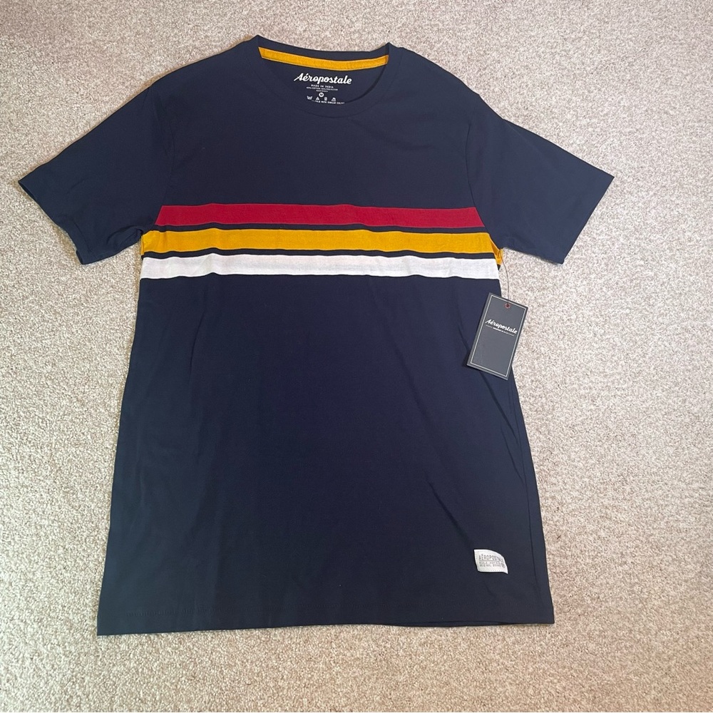 NWT Aeropostale Short Sleeve Men’s Navy Blue Multi Color Striped Size Medium